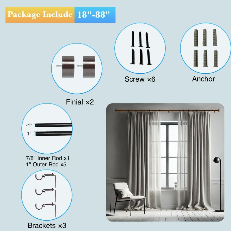 Photo 1 of Modern Curtain Rods for Windows 18 to 88 inches, 1 Inch Metal Drapery Rods, Adjustable Heavy Duty Long Single Curtain Pole for Living Room Bedroom