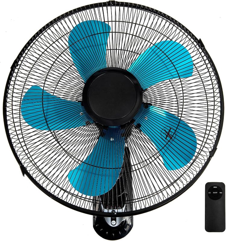 Photo 1 of 18 Inch Wall Mount Fan with Remote Control Wall Mounted Oscillating Fan with 3 Speed Settings,Adjustable Tilt and Timing for Bedroom 18in Metal Fans Blade Blue 1 Pack