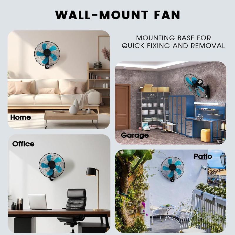 Photo 1 of 18 Inch Wall Mount Fan with Remote Control Wall Mounted Oscillating Fan with 3 Speed Settings,Adjustable Tilt and Timing for Bedroom 18in Metal Fans Blade Blue 1 Pack
