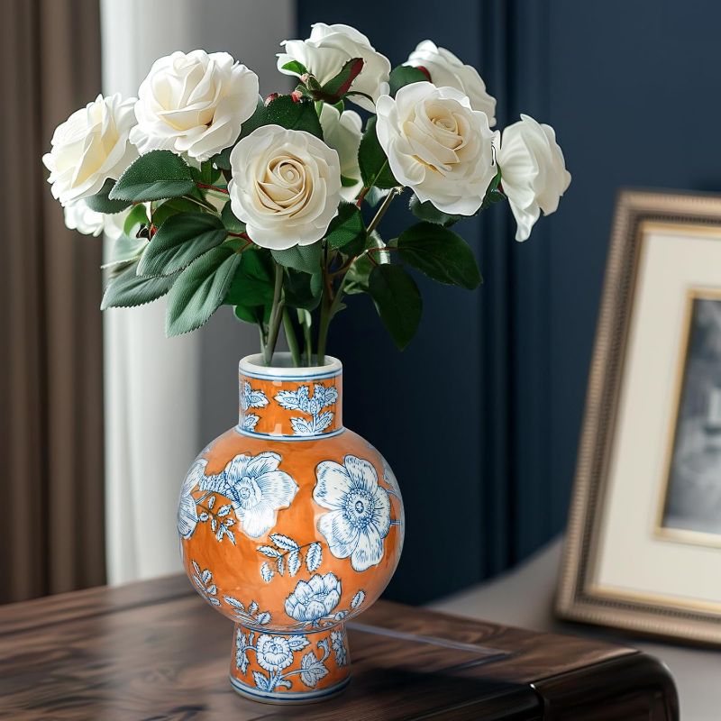 Photo 1 of Ceramic Vase Blue and White Porcelain Chinese Handmade Decorative Vintage Flower Vase for Living Room, Home Decor, Office (Orange)