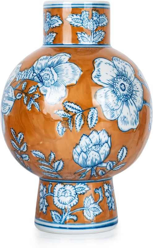 Photo 1 of Ceramic Vase Blue and White Porcelain Chinese Handmade Decorative Vintage Flower Vase for Living Room, Home Decor, Office (Orange)