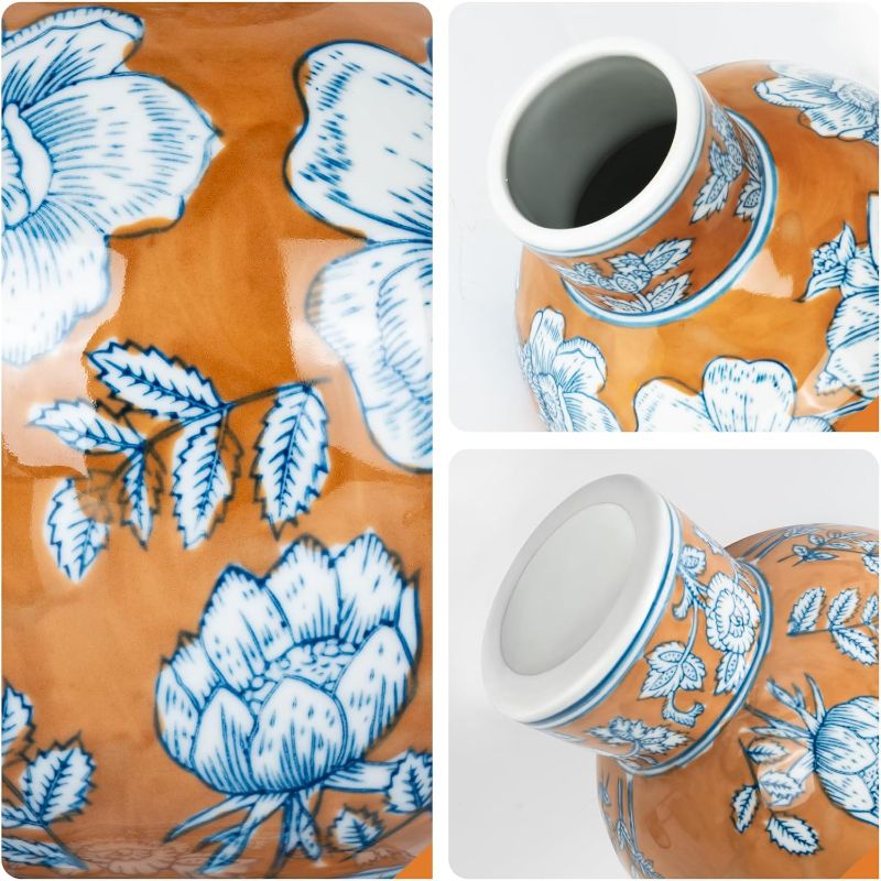 Photo 1 of Ceramic Vase Blue and White Porcelain Chinese Handmade Decorative Vintage Flower Vase for Living Room, Home Decor, Office (Orange)