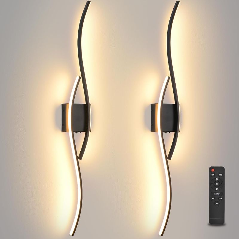 Photo 1 of Battery Operated Wall Sconces Set Of Two, 3000K-6500K 39 inch black LED dimmable wireless wall sconce with remote control, USB rechargeable wall lights for Living Room Bedroom Hallway Background