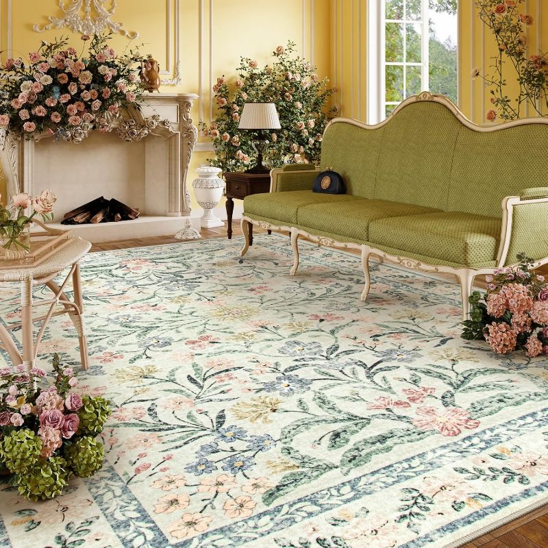 Photo 1 of Lahome Boho Rugs for Living Room, Large 8 x 10 Area Rugs for Living Room Non Slip,Soft Ultra-Thin Distressed Floral Throw Carpet for Bedroom Office Dining Room, Cream/Multi