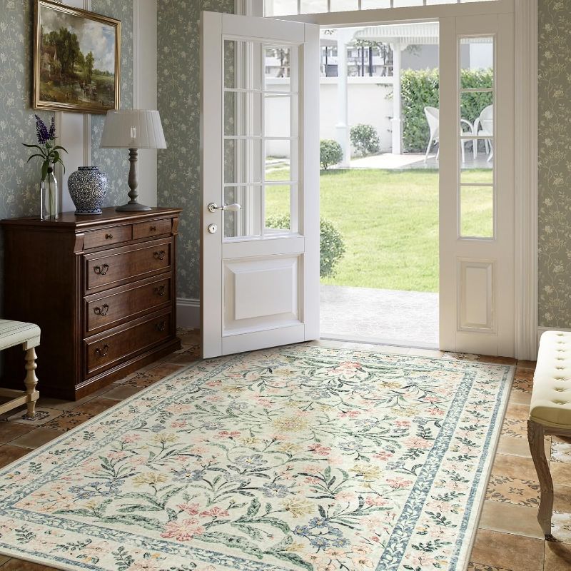 Photo 1 of Lahome Boho Rugs for Living Room, Large 8 x 10 Area Rugs for Living Room Non Slip,Soft Ultra-Thin Distressed Floral Throw Carpet for Bedroom Office Dining Room, Cream/Multi