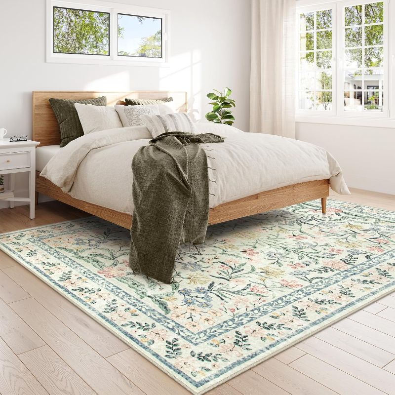 Photo 1 of Lahome Boho Rugs for Living Room, Large 8 x 10 Area Rugs for Living Room Non Slip,Soft Ultra-Thin Distressed Floral Throw Carpet for Bedroom Office Dining Room, Cream/Multi