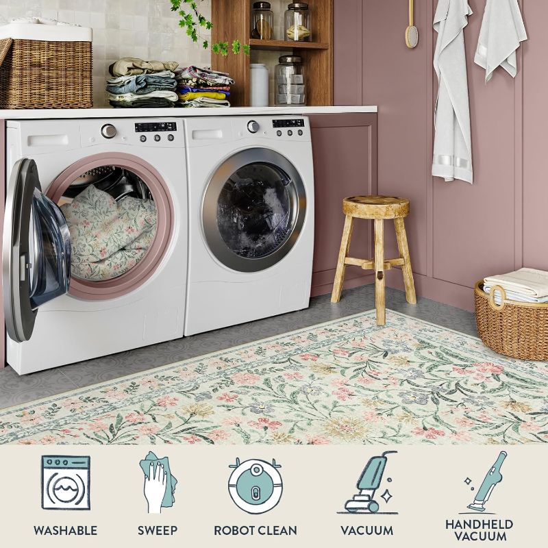 Photo 1 of Lahome Boho Rugs for Living Room, Large 8 x 10 Area Rugs for Living Room Non Slip,Soft Ultra-Thin Distressed Floral Throw Carpet for Bedroom Office Dining Room, Cream/Multi