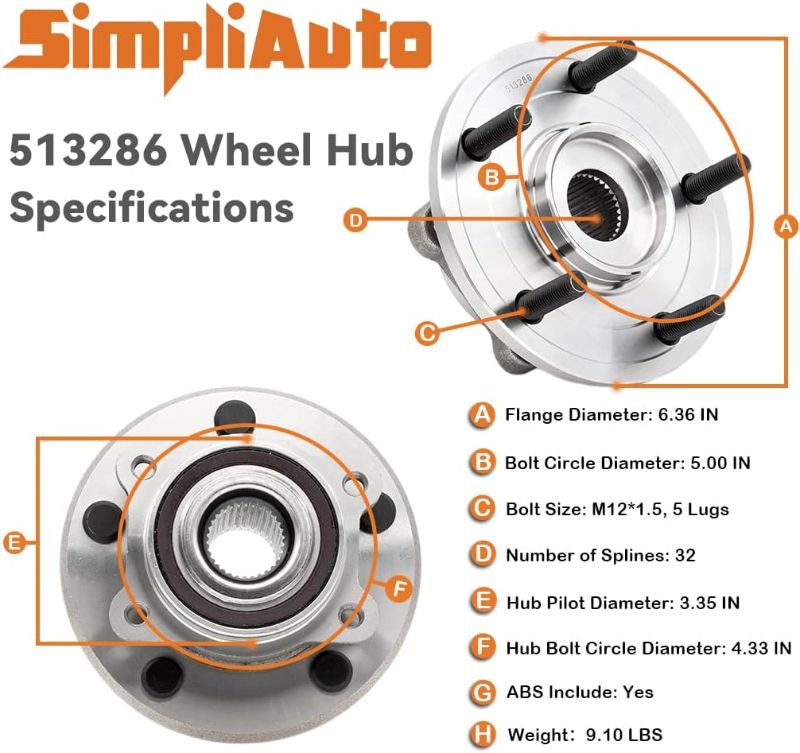 Photo 1 of 2Pcs of Front Wheel Hub Bearing Assembly Compatible with Dodge Journey 2009-2020, 5 Lugs, with ABS [513286-x2]