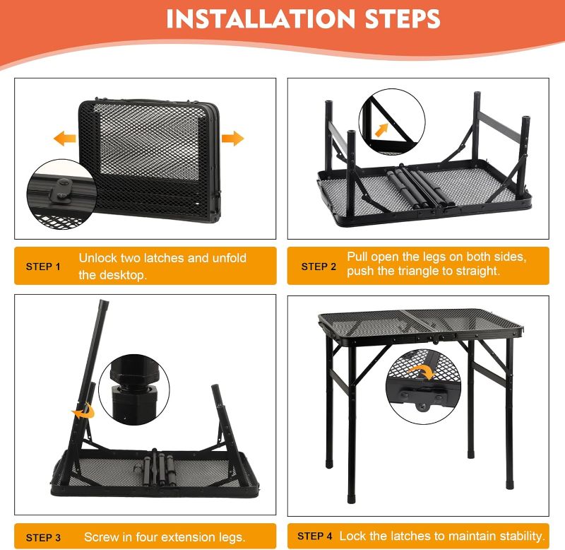 Photo 1 of Camping Table with Mesh Desktop, Lightweight & Portable Folding Grill Table, Height Adjustable Metal Outdoor Table for Camp, Cooking, BBQ, RV, Picnic-3 FT Black