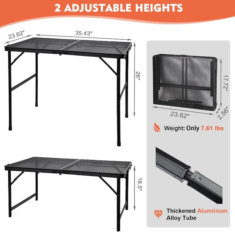 Photo 1 of Camping Table with Mesh Desktop, Lightweight & Portable Folding Grill Table, Height Adjustable Metal Outdoor Table for Camp, Cooking, BBQ, RV, Picnic-3 FT Black