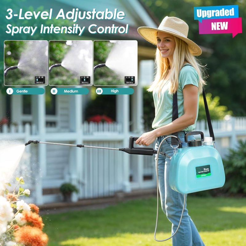 Photo 1 of Battery Powered Sprayer 2 Gallon, 2025 Upgraded Electric Weed Sprayer with 3 Spray Forces, Battery Indicator, Rechargeable Handle,4 Mist Nozzles,23.6" Retractable Wand,Shoulder Strap, for Lawn&Garden