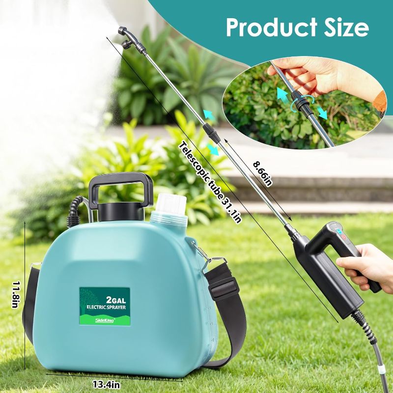 Photo 1 of Battery Powered Sprayer 2 Gallon, 2025 Upgraded Electric Weed Sprayer with 3 Spray Forces, Battery Indicator, Rechargeable Handle,4 Mist Nozzles,23.6" Retractable Wand,Shoulder Strap, for Lawn&Garden