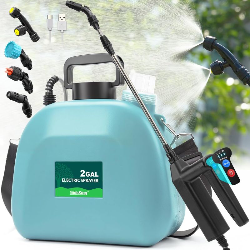 Photo 1 of Battery Powered Sprayer 2 Gallon, 2025 Upgraded Electric Weed Sprayer with 3 Spray Forces, Battery Indicator, Rechargeable Handle,4 Mist Nozzles,23.6" Retractable Wand,Shoulder Strap, for Lawn&Garden