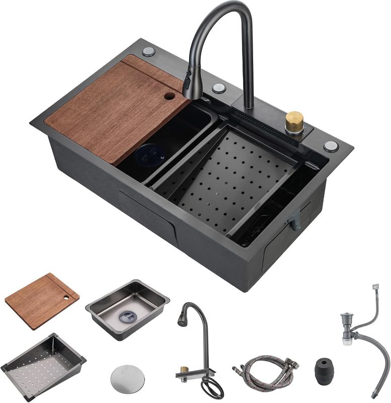 Photo 1 of 30 Inch Waterfall Kitchen Sink Workstation - 30x22 Black Waterfall Drop In Sink Stainless Steel 16 Gauge Sink Multifunction Single Bowl Smart Top Mount Kitchen Sinks with Faucet Combo