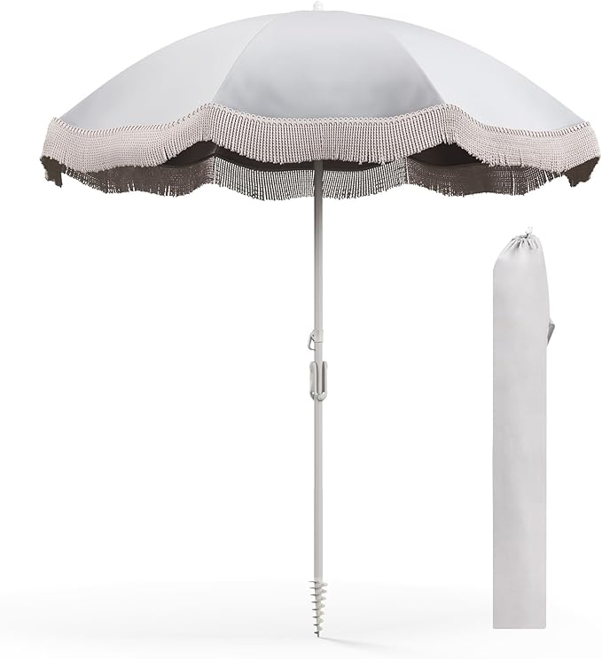 Photo 1 of HAPPYGRILL 6.5 FT Outdoor Fringe Patio Umbrella, UPF50+ Sun Protection, Portable Sunshade Umbrella with Carrying Bag, Push Button Tilt, Tassel Umbrella for Garden Lawn Poolside Table