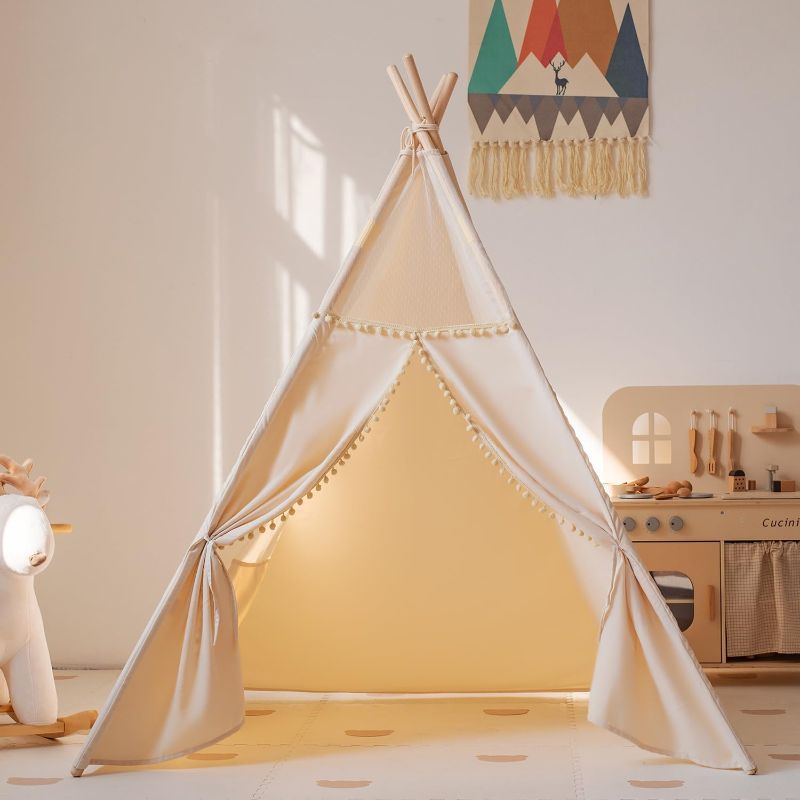 Photo 1 of Kids Teepee Tent with Storage Bag & Window - Foldable Indoor Playhouse for Ages 3-8, Portable Children's Hut for Bedroom Decor, Birthday Gifts for Boys Girls (Beige)