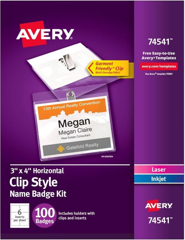 Photo 1 of Avery Customizable Name Badges, Clip Style, 3" x 4", Clear Name Tag Holders, White Laser/Inkjet Printable Inserts, 100 Total (74541)