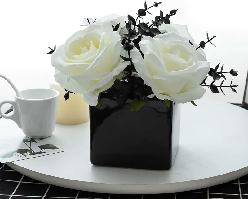 Photo 1 of Artificial Flowers with Small Ceramic Vases, Roses in Vases Plastic Artificial Flowers and Plants,Used for Home Office Wedding Decoration, Table Decoration