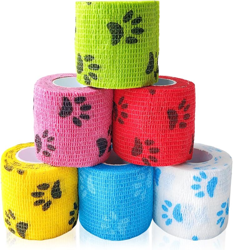 Photo 1 of 6 Pack 2 Inch x 5 Yards Paw Print Pet Vet Wrap for Dogs, Cats, Horses, Colorful Non-Woven Self-Adhesive Cohesive Bandage Rolls Set for Wound Care, Ankle Sprains, Swelling, and First Aid Protection