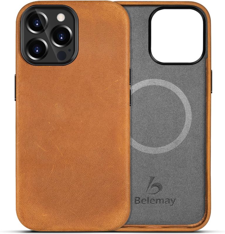 Photo 1 of Belemay Compatible with iPhone 13 Pro Leather Case Magsafe - Top Grain Vintage Crazy Horse Leather - Metal Buttons & Camera Bezel Bump - Slim Fit & Soft - Premium Phone Cover (6.1-inch) Tan Brown