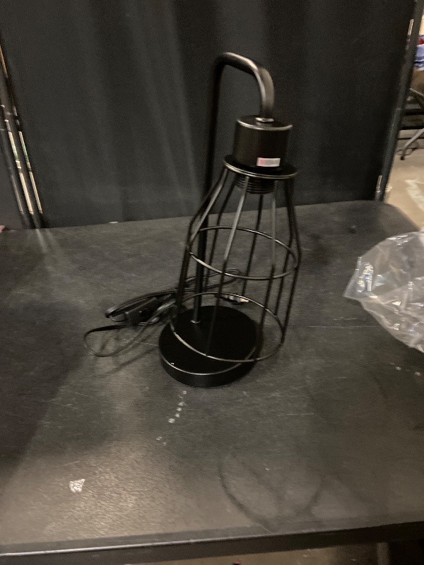 Photo 1 of Industrial Vintage Table Lamp with Plug-in Cord Switch, Black Farmhouse Table Lamp with Metal Cage Shade, E26 Base Edison Bedroom Nightstand Light for Bedside, Office, Living Room