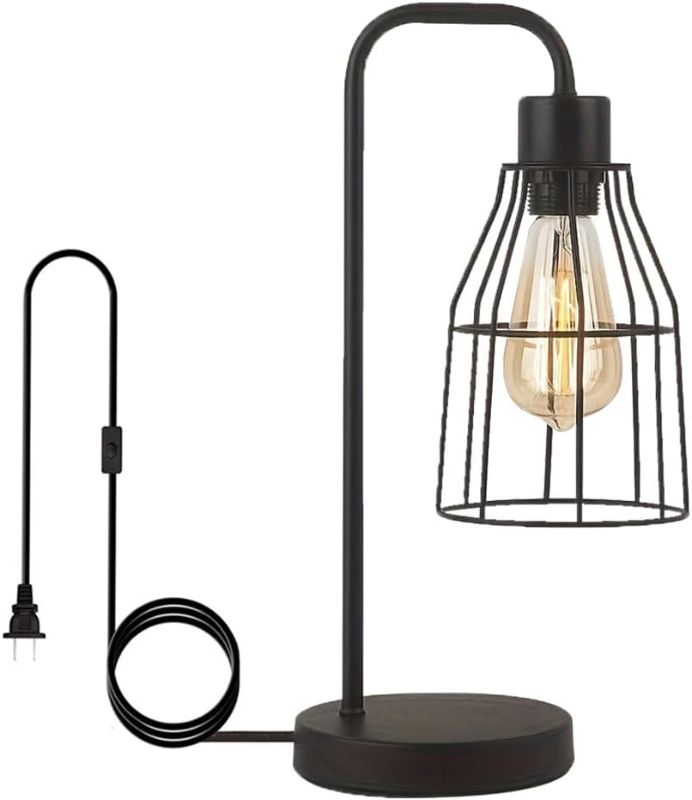 Photo 1 of Industrial Vintage Table Lamp with Plug-in Cord Switch, Black Farmhouse Table Lamp with Metal Cage Shade, E26 Base Edison Bedroom Nightstand Light for Bedside, Office, Living Room