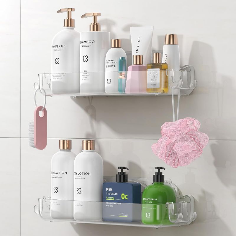 Photo 1 of 2 Pack Acrylic Shower Caddy Adhesive, No Drilling Bathroom Shower Organizers, with 4 Removable Hooks, Wall Mounted Shower Shelves, Acrylic Shower Holder Storage for Bathroom, Dorm, Kitchen