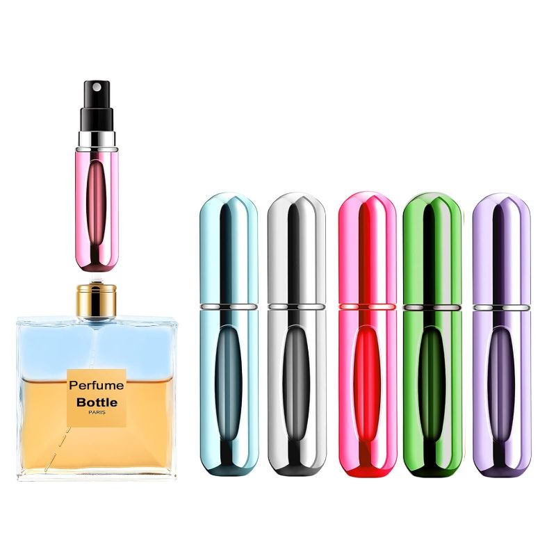 Photo 1 of Portable Mini Perfume Atomizer Bottle, Refillable Spray, Scent Pump Case, Travel Atomizer (5ml, 5 Pack) (Purple, Blue, Breen, Rose Red, Silver)