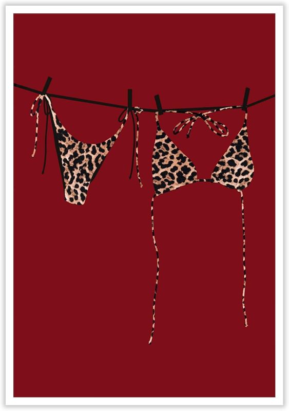Photo 1 of Trendy Bikini Poster Cherry Red Leopard Wall Art Coquette Girly Room Decor Summer Cool Canvas Funky Retro Cheetah Prints Pictures for Dorm Apartment Home Aesthetic 12x16inch Unframed