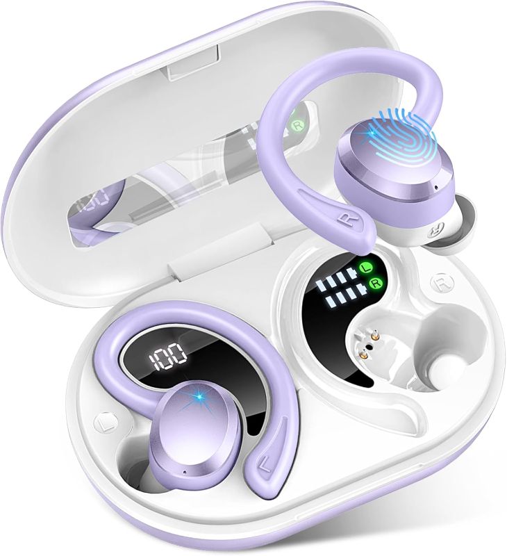 Photo 1 of Wireless Earbuds Bluetooth Headphone Sport, Bluetooth 5.3 Earbud 3D HiFi Stereo Over Ear Buds, 48Hrs Earhooks Earphone with Noise Cancelling Mic, IP7 Waterproof Headset for Workout/Running/Gym, Purple