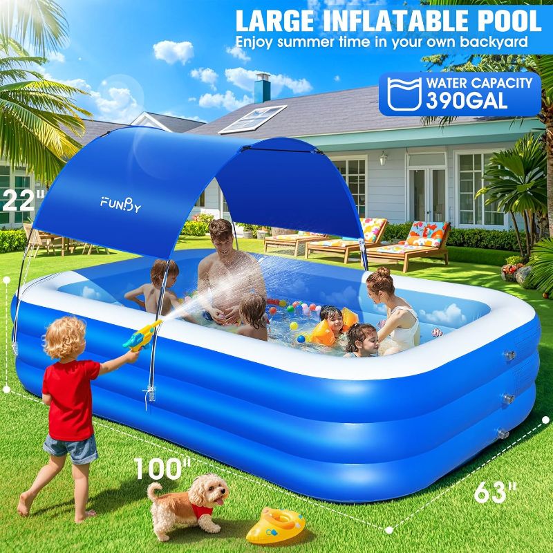 Photo 1 of Inflatable Pool with Canopy,Upgraded Inflatable Swimming Pool for Kids,Adult,Large Inflatable Blow up Pools,Ocean Theme Oversized Thickened 100"x63"x22"Inflatable Family Pools for Backyard-Blue