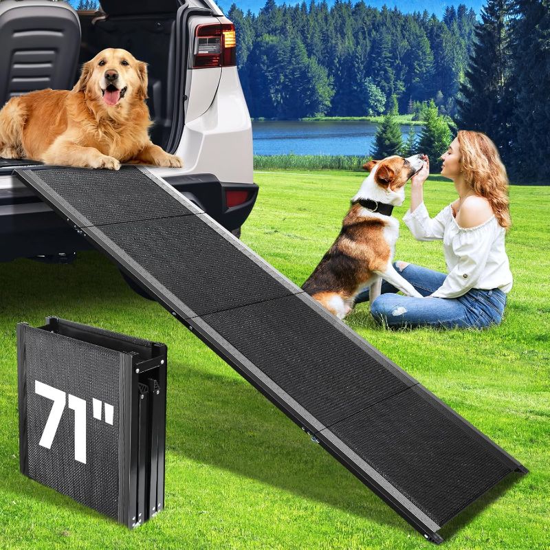 Photo 1 of Dog Ramp for Car, 71''x 17'' Extra Long Folding Dog Ramps, Pet Ramp for Large Dogs with Non-Slip Rug Surface, Portable Dog Steps Up to 250LBS, Outdoor Dog Ramp for Car, SUV, Truck