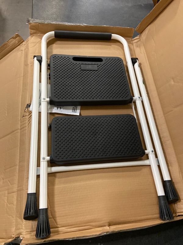 Photo 1 of 2 Step Ladder, Portable Steel Folding Step Stool with Wide Anti-Slip Pedal & Convenient Handgrip, 500lbs Sturdy Steel Ladder, White