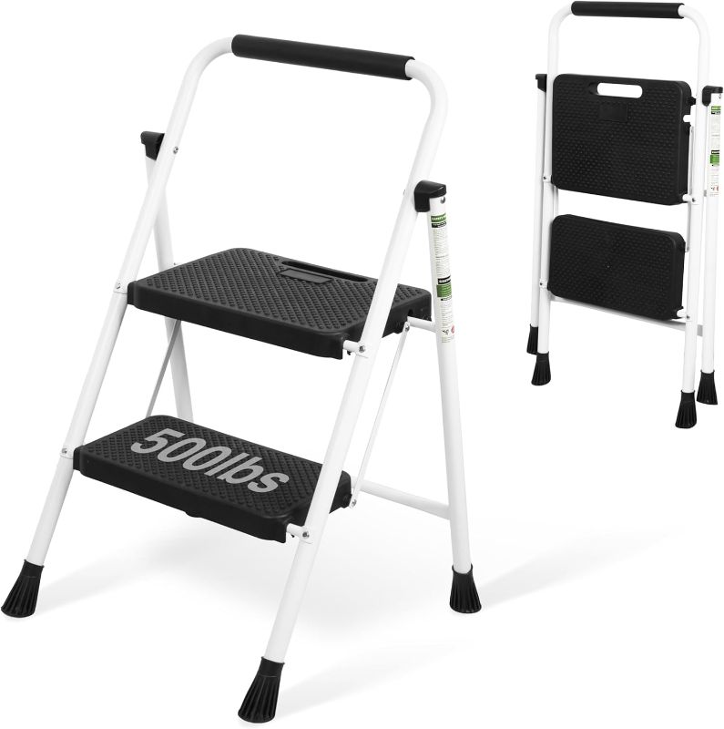 Photo 1 of 2 Step Ladder, Portable Steel Folding Step Stool with Wide Anti-Slip Pedal & Convenient Handgrip, 500lbs Sturdy Steel Ladder, White