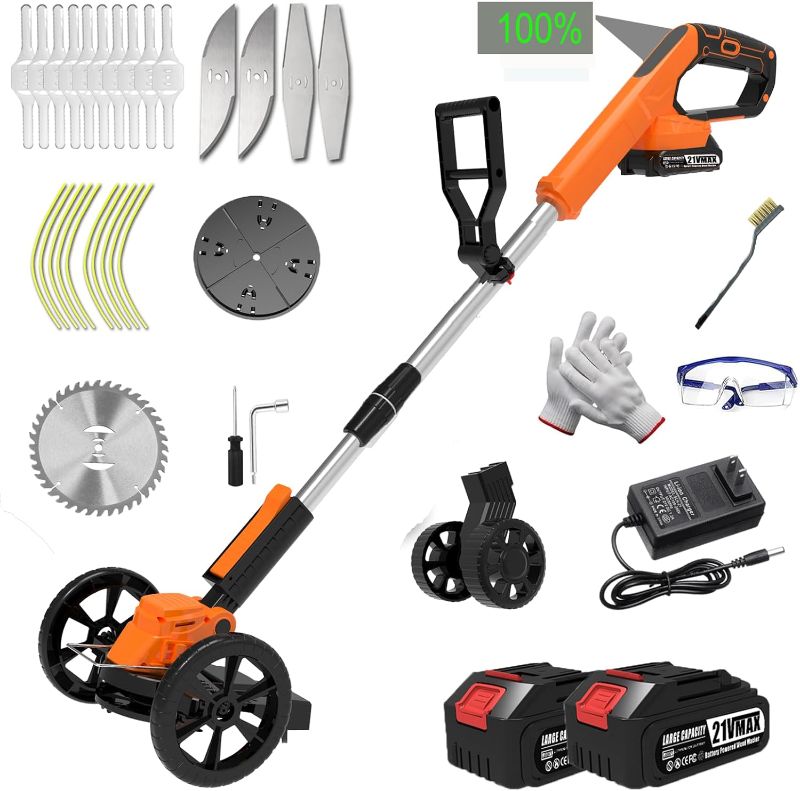 Photo 1 of Wacker Battery Powered Electric Cordless Weed Trimmer, with 2Pcs 21V Battery 5 Types Blades Lightweight Grass Trimmer Edger Lawn Tool, Push Wheeled No-String Trimmer for Garden Yard
