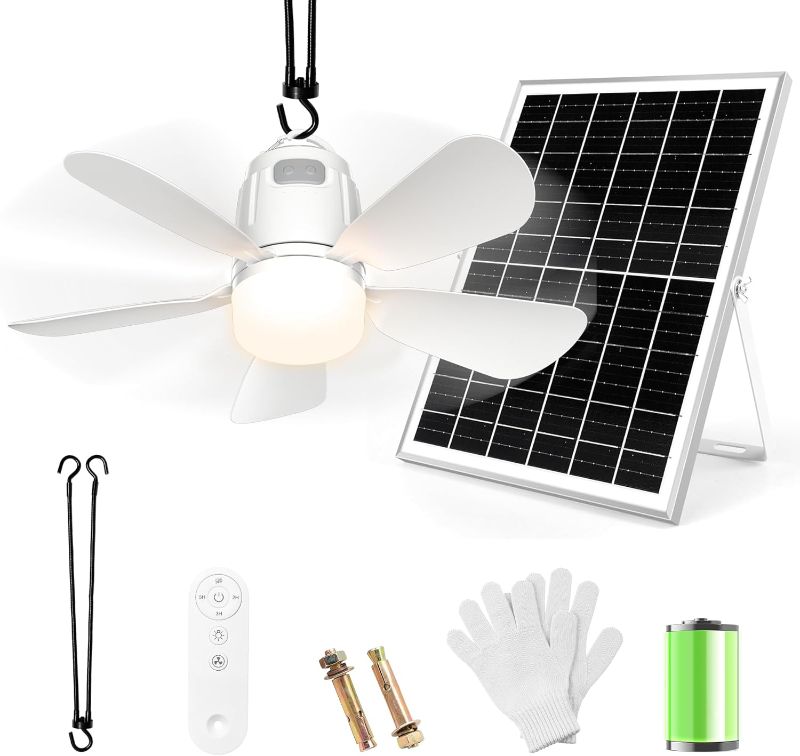 Photo 1 of Solar Ceiling Fan Light, 20000mAh Portable Gazebo fan with 30W Solar Powered Fan with Remote Control, Outdoor Ceiling Fan with Light for Patios, Canopy, Shed, RV, Porch and Chicken Coop