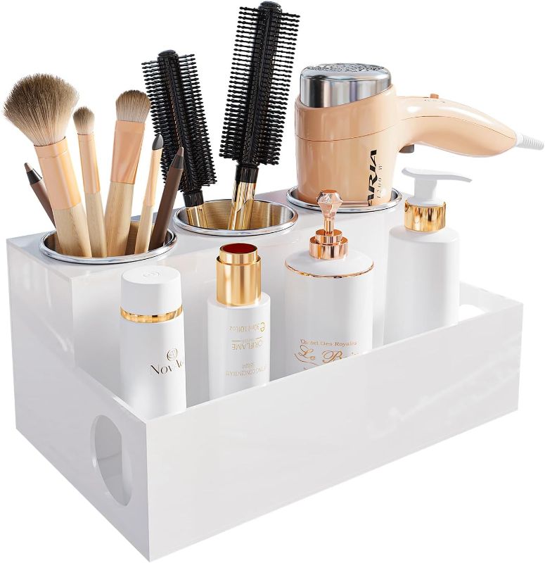Photo 1 of White Acrylic Hair Tool Organizer Hair Dryer and Styling Holder for Bathroom Countertop