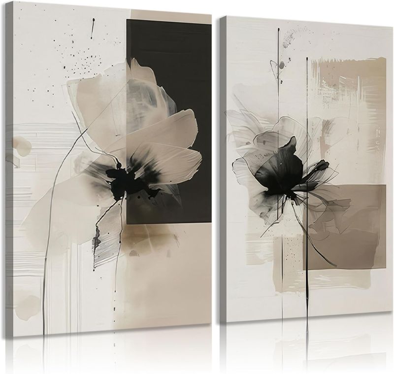 Photo 1 of 2Pcs Framed Neutral Abstract Canvas Wall Art Floral Pictures Modern Minimalist Posters Prints Beige Black Flower Wall Decoration for Living Room Bedroom Bathroom Office 