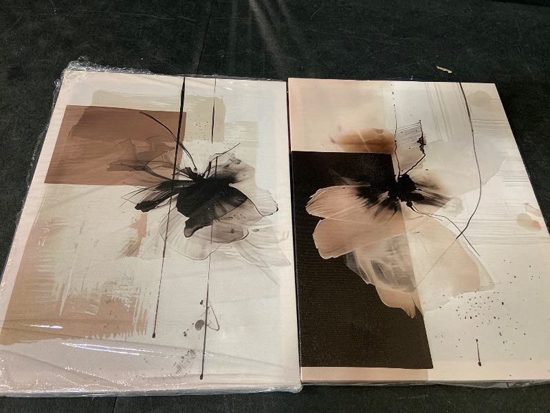 Photo 1 of 2Pcs Framed Neutral Abstract Canvas Wall Art Floral Pictures Modern Minimalist Posters Prints Beige Black Flower Wall Decoration for Living Room Bedroom Bathroom Office 