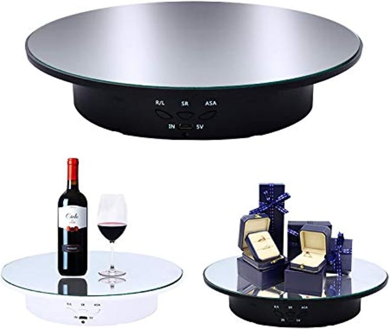 Photo 1 of JAYEGT Motorized Rotating Display Stand, 7.87inch /17.6lbs Load, 360 Degree Electric Rotating Turntable for Photography Products, Jewelry, Cake,3D Model , Mirror Cover (Black, 7.87inch/Button Control)