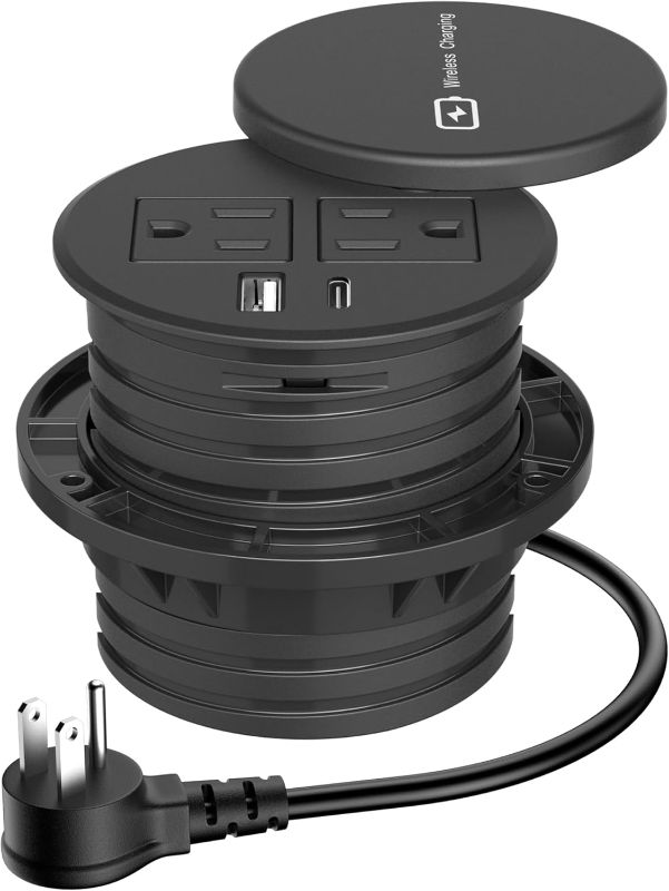 Photo 1 of Desktop Power Grommet 3-inch Hole,15W Wireless Charger,20W USB C Fast Charging Station,2 AC Plug,Round Recessed Power Strip, Workspace Essential Desk Hole Cover for Cables Black