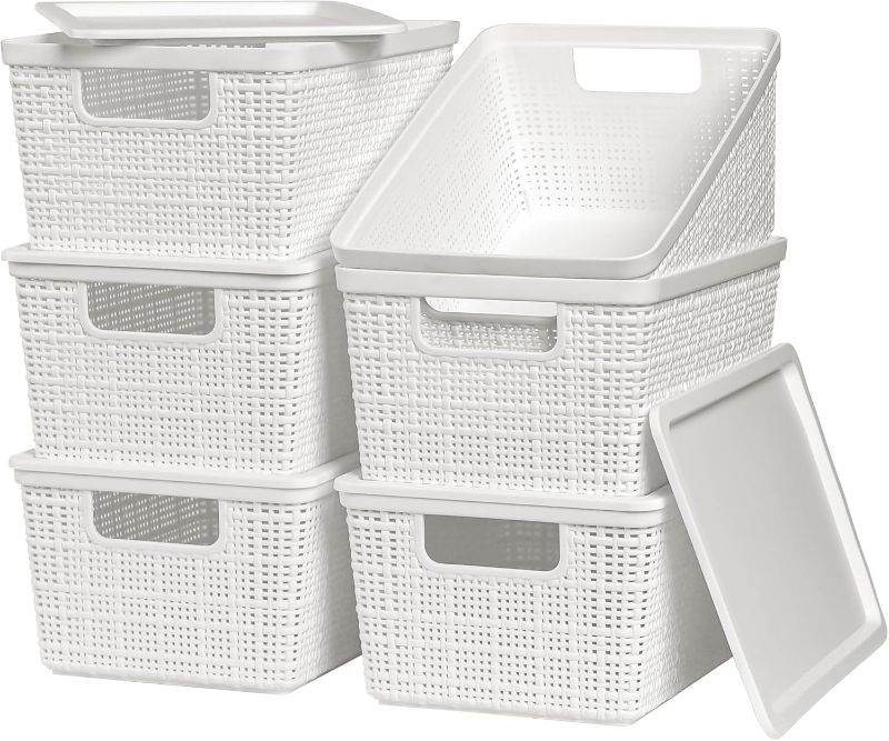 Photo 1 of 6-Pack Plastic Storage Baskets With Lids,W hite Breathable Stackable Storage Bins,Small Storage Containers, for Organizing Storage Baskets on Desktops,Closets ,Playrooms ,Classrooms , Offices