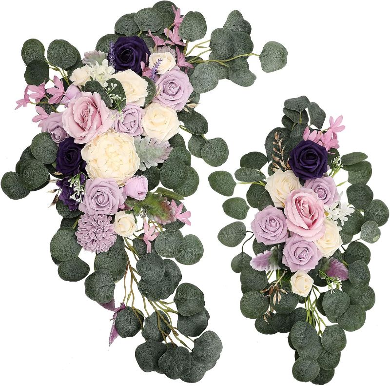 Photo 1 of MSUIINT Wedding Arch Flowers Set of 2, Artificial Rose Flowers Wreath Kit Silk Floral Swag Garland Arbor Floral Arrangement for Church Ceremony and Reception Backdrop Sign Floral Decoration, Purple