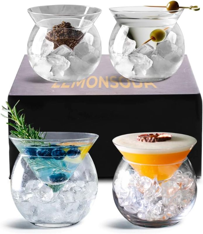 Photo 1 of LEMONSODA Stemless Martini Glasses with Chiller - Set of 4 - Elegant Cocktail Glass Set with Server Bowl - Martini Gift Set for Margarita, Espresso Martinis, Manhattan Cocktails - Housewarming Gifts