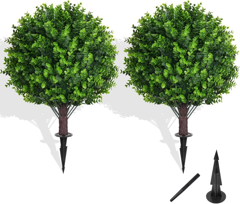 Photo 1 of Artificial Topiary Tree with Eucalyptus, Set of 2 Artificial Shrub Bushes with Ground Spike, Fake Evergreen Tree for Porch, Artificial Plants for Outdoor Planters Indoor UV Resistant