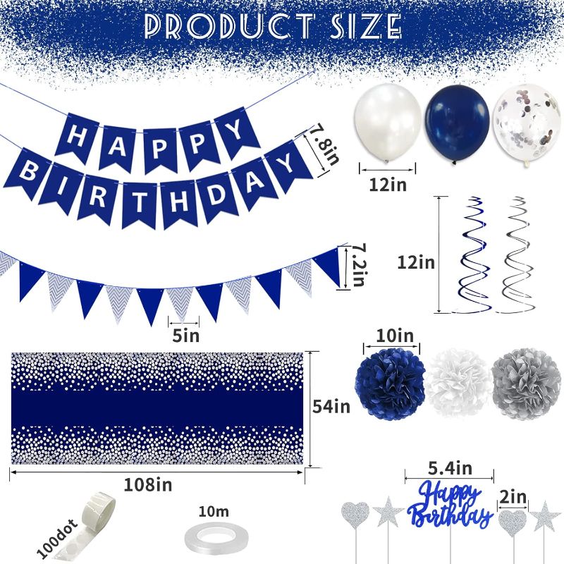 Photo 1 of Navy Blue Silver Birthday Decorations for Men, Blue Birthday Party Supplies with Tablecloth Happy Birthday Banner Balloons Paper Pom Poms Hanging Swirls Cake Toppers for Birthday Decorations for Men