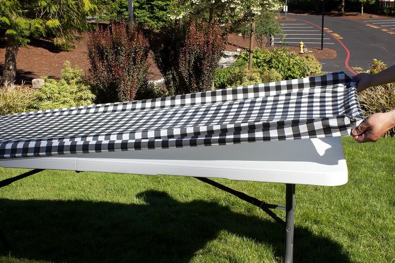 Photo 1 of Rally Home Goods Outdoor Vinyl Tablecloth Rectangular Fitted Cover Table + Benches 3-pc, Flannel Backing Elastic 30x72'' (6-FT), Waterproof Wipeable, Black/White Gingham Check Plastic Camping Picnic