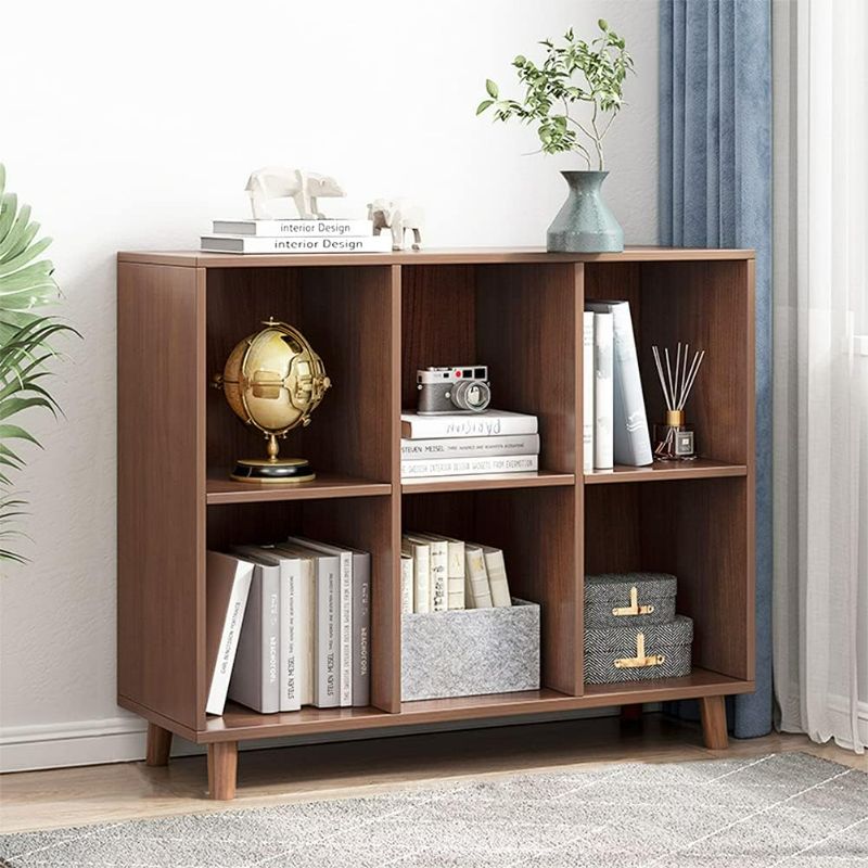 Photo 1 of IOTXY Freestanding Open Cubes Bookcase - 2-Tier Floor Standing Wooden Storage Display Cabinet Organizer with Legs for Home Office, 6-Cubes Open Shelf Low Short Bookshelf, Walnut