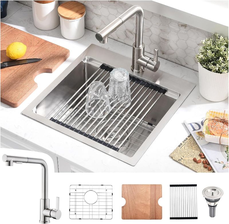 Photo 1 of 18x18 Drop In Kitchen Sink and Faucet Combo Set - 18 Inch Stainless Steel Small Bar Sink Drop In, 9 Inch Deep Small Single Bowl Kitchen Sinks Workstation with Accessories