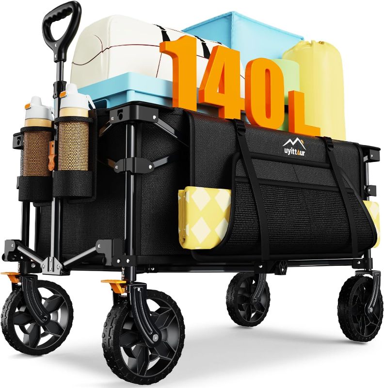 Photo 1 of 140L Collapsible Wagon Cart Foldable, Folding Utility Grocery Cart with Side Pocket and Brakes for Shopping, Sports, Camping and Garden, Black